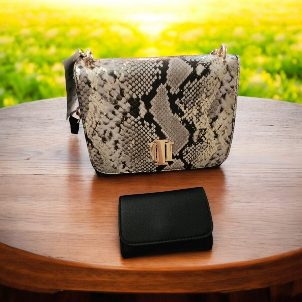 NWT INC International Concepts Sibbell Crossbody Bag Gold Snake/Black 2 PC set - Picture 2 of 15